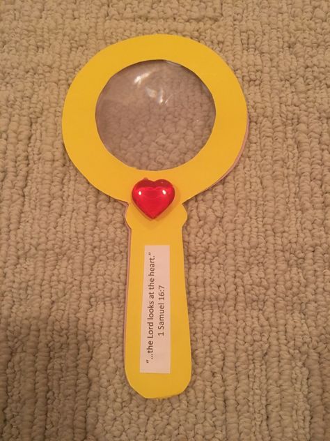 Samuel Anoints David. "the Lord looks at the Heart" DIY Magnifying Glass. Magnifying Sheet from Dollar Tree (for the lens), Posterboard from Dollar Tree (for the handle). Popsicle stick in between the handles for reinforcement. The Lord Looks At The Heart Craft, Magnifying Glass Craft Preschool, Diy Magnifying Glass How To Make, Samuel Anoints David Craft, Diy Magnifying Glass For Kids, Samuel Anoints David, God Looks At The Heart Craft, Magnifying Glass Craft, Toddler Bible Lessons