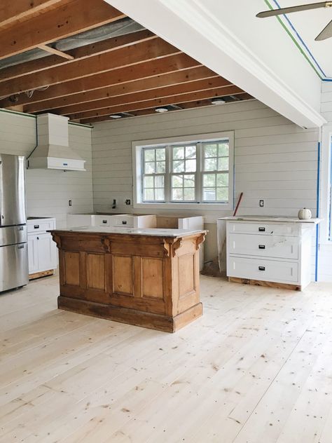 Modern Pine Kitchen, Pine Flooring Kitchen, Pine Kitchen Island, Kitchen Floors, Liz Marie, Pine Kitchen, Up House, Interior Floor, Family Room Design