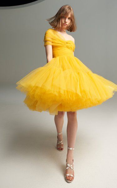 Off-The-Shoulder Tulle Mini Dress By Giambattista Valli | Moda Operandi Modest Tulle Dress, Yellow Gowns, Yellow Tulle Dress, 45 Birthday, Academic Style, Tulle Dress Long, Valentine Collection, Yellow Gown, Tulle Mini Dress