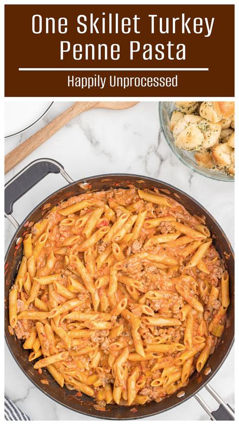 A large skillet of penne pasta in a creamy cheesy tomato sauce with lean ground turkey Ground Turkey And Heavy Cream, Ground Turkey With Pasta Recipes, One Pot Turkey Pasta, Ground Turkey Pasta Bake Healthy, Ground Turkey With Pasta, Pasta Ground Turkey Recipes, Turkey Meat Pasta Recipe, Easy Ground Turkey Pasta Recipes, Ground Turkey Penne Pasta