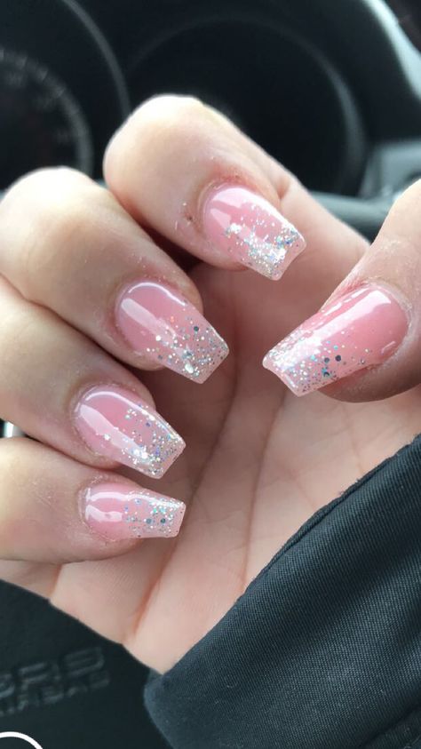 Silver And Light Pink Nails, Pink Sparkle Nails Acrylic Glitter French Tips, Elegant Sparkly Nails, Light Pink Sparkle Nails, Soft Pink Nails With Glitter, Pink Sparkly French Tip Nails, Baby Pink Nails With Glitter, Pink Prom Nails Acrylic, Light Pink Nails With Glitter