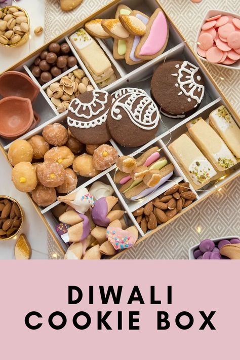 Diwali Cookie Box with diya sugar cookies, rasmalai shortbread, and mango cream cheese doughnut holes. Diwali Baking Ideas, Mithai Boxes Packing, Desert Box Gift, Diwali Gift Box Ideas, Diwali Cake, Sweet Platter, Gift Wrapping Birthday, Fusion Desserts, Gift Treats