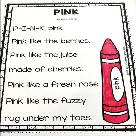 Color poems for kids to practice color words #kindergarten Color Words Kindergarten, Pink Poem, Poem For Kids, Poems For Kids, Poetry Activities, Sensory Details, Color Words, Kindergarten Themes, Poetry For Kids