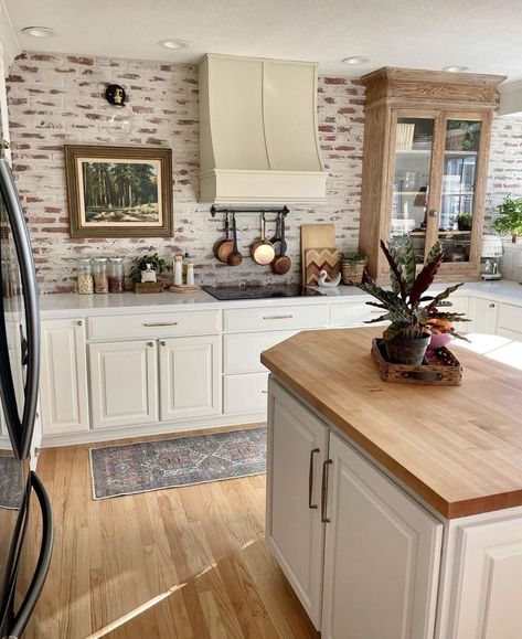 Take a look at this beautiful kitchen accent wall in our Midtown brick, with a nice German Schmear touch. We recommend checking out the unrecognizable before pictures on @slonesweethome instagram, the kitchen makeover is amazing! #oldmillbrick #midtown #thinbrick #germanschmear #kitchen #wall #makeover #homestyling #diy #interiordecor Brick Kitchen Wall, Kitchen Accent Wall, German Schmear, Brick Kitchen Backsplash, Accent Wall In Kitchen, Brick Projects, Wall Makeover, Interior Design Layout, Brick Interior