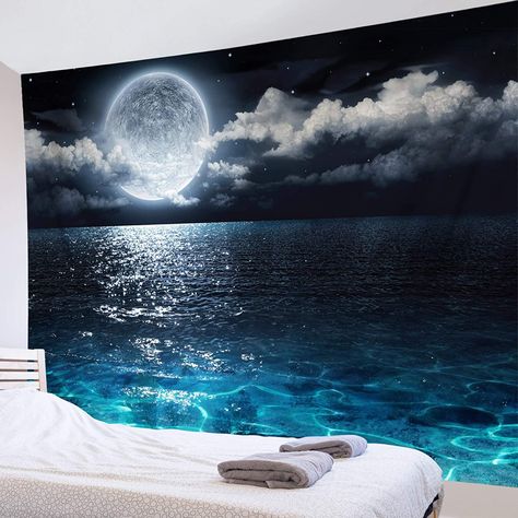 Moon Over Water, Dorms Decor, Ocean Tapestry, Moon Sea, Indie Decor, Fiber Wall Hanging, Tranquil Bedroom, Tapestry Nature, Moon Tapestry