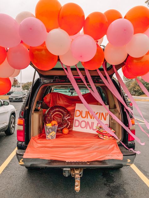 Dunkin Trunk Or Treat, Dunkin’ Donuts Trunk Or Treat, Donut Trunk Or Treat Ideas, Dunkin Donuts Trunk Or Treat, Trunk Or Treat Ideas Church, Dunkin Donuts Costume, Fall Donuts, Donut Signs, Donut Display