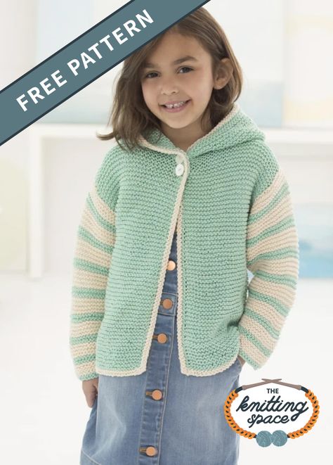 Make sure your little princess is all buttoned up with this Play Date Knit Hoodie to keep her warm and cozy on chilly days. With this cute and comfy kiddie hoodie, you won't have to worry about your darling getting cold during playtime outdoors. It's an easy level pattern, and beginners will love to work on it. | Discover over 4,500 free knitting patterns at theknittingspace.com Girls Knitted Sweater Patterns Free, Girls Sweater Knitting Pattern, Girls Cardigan Knitting Pattern Free, Free Childrens Knitting Patterns, Kids Sweater Pattern, Aran Knitting Patterns, Kids Knitting Patterns, Knitting Patterns Free Sweater, Knitted Jacket