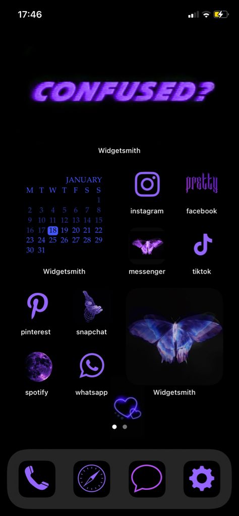 Black And Purple Iphone Layout, Ios 16 Home Screen Ideas Dark Purple, Purple And Black Phone Theme, Neon Homescreen Ideas, Neon Purple Homescreen, Black And Purple Homescreen, Purple Ios Theme, Purple Ios Homescreen, Ios 16 Home Screen Ideas Purple