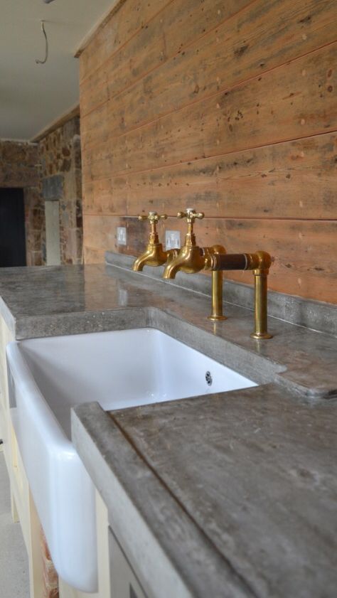 Love the brass taps and grey worktop - poss concrete? Concrete Kitchens, Outdoor Kitchen Countertops, Concrete Bench, Kitchen Counter Top, Concrete Kitchen, Concrete Wood, Polished Concrete, Concrete Countertops, Counter Tops