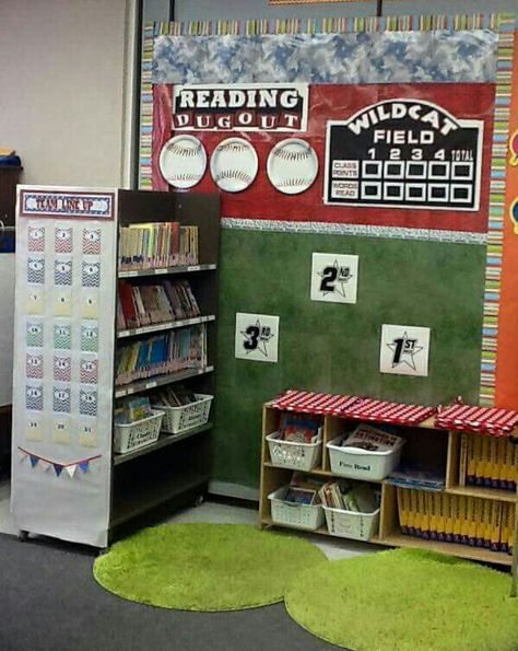 Reading Dugout/Baseball theme bulletin board Sports Classroom Decorations, Baseball Classroom, School Wide Themes, Sports Theme Classroom, Team Theme, Sports Classroom, Baseball Decor, 5th Grade Classroom, Classroom Decor Themes