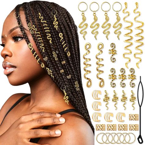 PRICES MAY VARY. Package Contains:40pcs gold snake loc jewelry and hair cuffs rings you will get.Enough quantity allow you to have different stylish hairstyle,giving you fun wearing experience. Good Quality:These gold dreadlock hair charms are made of high-quality metal alloy,which makes our product has glossy surface,sturdy and durable.Not easily broken and can be used for a long time. Wide Application:Stylish loc dreadlock jewelry are perfect decoration for women's braids,allows you to have mo