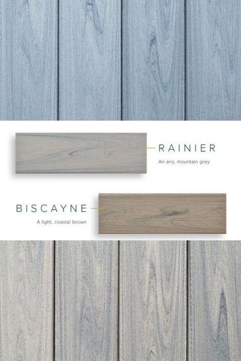 Trex Transcend Lineage has two beautiful options available: Rainier and Biscayne. Rainier is an airy mountain grey which mirrors white-capped mountains and wooded sounds with a subtle silver tone and has a delicate grain pattern. Biscayne is a light coastal brown that captures the beauty of mangroves and sandy coasts with its light honey hues and natural grain pattern. Trex Transcend Biscayne, Trex Deck Biscayne, Biscayne Trex Deck, White Deck Ideas, Light Grey Decking, Grey Deck Stain, Trex Deck Designs, Exterior Wood Stain Colors, Backyard Hill