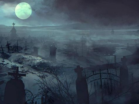 Misty Graveyard, Cemetery Painting, Headless Horseman, Old Cemeteries, Cemetery Art, Fantasy City, Night Painting, Blue Art, City Aesthetic