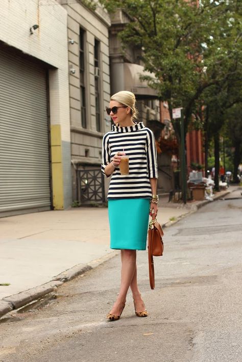 brights & stripes | Atlantic-Pacific black and white statement top, turquoise skirt, blonde up do, neutral bag, leopard pump Old Sunglasses, Turquoise Outfit, Pink Parka, Turquoise Clothes, Nails Essie, Turquoise Skirt, Teal Skirt, Blair Eadie, Atlantic Pacific