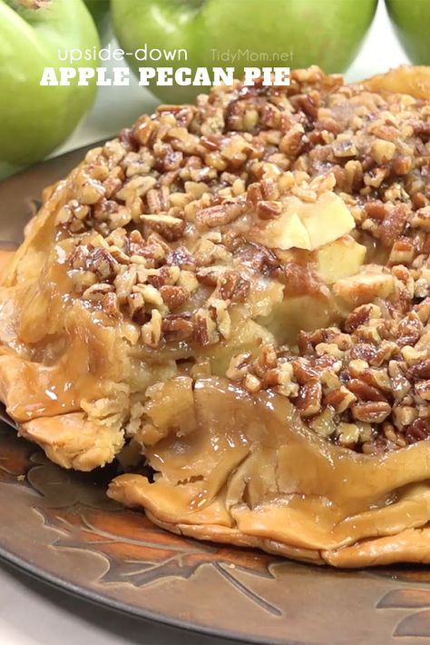 UPSIDE-DOWN APPLE PECAN PIE is a self-glazing, award-winning pie that is sure to please any crowd. Print full recipe + video at TidyMom.net Caramel Apple Pie Recipes, Award Winning Pies, Apple Pecan Pie, Fall Desserts Apple, Pecan Halves, Dessert Apple, Recipe Printable, Salted Caramel Apple Pie, Apple Cakes