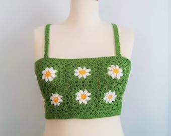 MyCottonAccessories - Etsy Daisy Crochet Top, Flower Crochet Top, Crochet Retro, Daisy Crop Top, Crochet Floral Top, Daisy Crochet, Daisy Headband, Daisy Top, Crochet Top Outfit