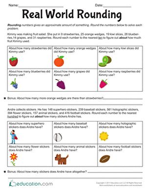 Why do we round numbers? Provide some real world context to help your students understand and practice rounding whole numbers.  Want more practice rounding numbers? This worksheet can be used with the lesson Jump-a-Round. #educationdotcom Rounding Lesson, Rounding Decimals Worksheet, Rounding Worksheets, Rounding Whole Numbers, Number Sense Worksheets, Rounding Numbers, 4th Grade Math Worksheets, 3rd Grade Math Worksheets, Whole Numbers