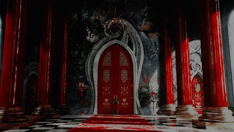 Alice In Wonderland Environment, Red Queen Aesthetic Alice In Wonderland, Red Queen Castle, Heartslabyul Aesthetic, Queen Of Hearts Castle, Queen Of Hearts Aesthetic, Alice In Wonderland Background, Film Alice In Wonderland, Cube World