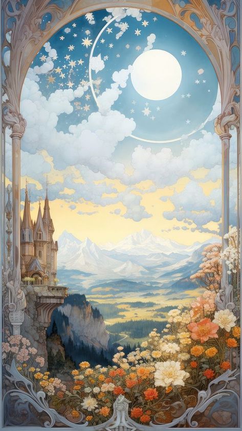 An art nouveau drawing of stunning clear sky landscape outdoors painting nature. | premium image by rawpixel.com / Ling Art Nouveau Blue, Art Nouveau Background, Art Nouveau Drawing, Art Nouveau Landscape, Fairy Tale Wallpaper, Outdoors Painting, Wallpaper November, Art Nouveau Wallpaper, Nouveau Illustration