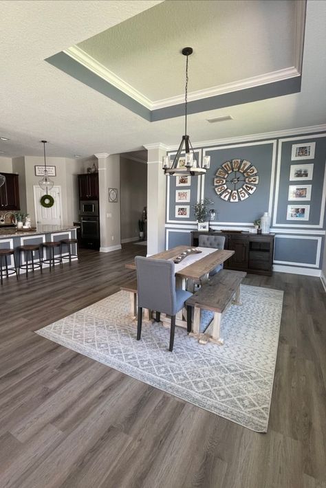 beautiful customer dining room featuring coretec vinyl plank flooring in the galaxy collection, elliptical oak Small Living And Dining Room Combo, Small Living And Dining Room, Dining Room Combo Ideas, Grey Flooring Living Room, Living Dining Room Combo, Room Floor Tiles, Open Space Living Room, Concept Living Room, Dining Room Layout