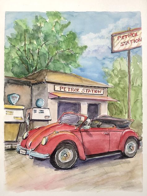 Vintage Car Drawing, Car Drawing Ideas, Tent Drawing, Beetle Painting, Beetle Drawing, Red Beetle, Landscape Portfolio, Volkswagen Beetle Vintage, Volkswagen Aircooled