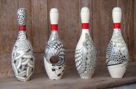 Bowling Pin Art, Bowling Ideas, Bowling Pin Crafts, Bowling Lane, Bowling Ball Art, Fun Bowling, Vintage Bowling Shirts, Pin Crafts, Zen Tangles