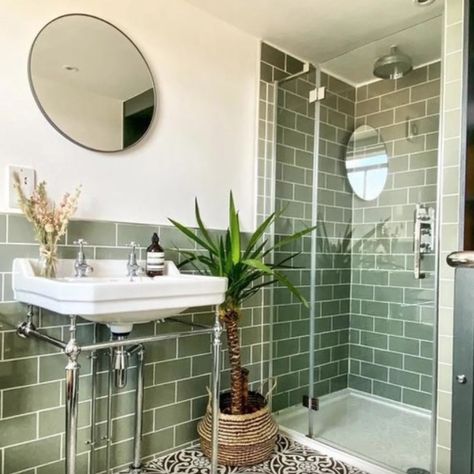 Bathroom Installation | Our Bathroom Design & Installation Service | Wickes Edwardian Interiors, Edwardian Bathroom, Edwardian Design, Belgium Style, Small Shower Room, Green Tile Bathroom, Green Tiles, Small Bathroom Interior, Victorian Bathroom