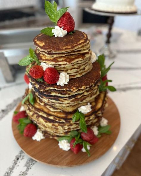 Secret Chef of Waco and Temple on Instagram: "Wedding cakes are all the rage, right?! Well how about a #strawberry 🍓 #pancake 🥞 wedding cake! This beautiful ultimate stack from our weekend has fresh strawberries, cream, and mint. That's a seriously elevated ⬆️ #brunch idea! #YUM! #SecretChef #Catering #MealsToGo #ShopLocal #WacoFood #WacoFoodie #WeddingCake #Delicious #Pancakes #PancakeCake" Waffle Wedding Cake, Elevated Brunch, Strawberry Pancake, Pancake Cake, Delicious Pancakes, Pancake Stack, Instagram Wedding, Fresh Strawberries, Event Food