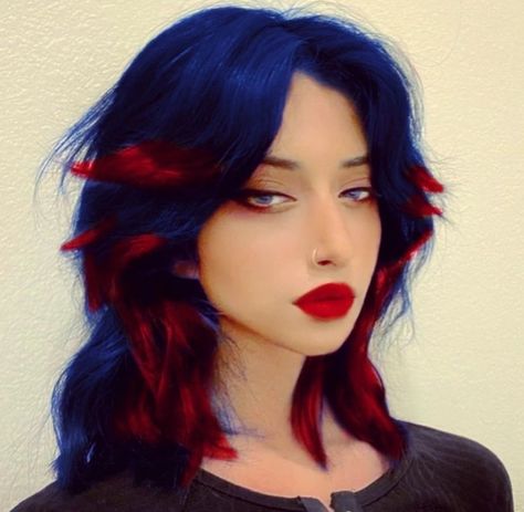 Summer Hair Color Ideas for Brunettes | Get the Look - Hair Color Highlights Blue Hair With Red Tips, Blue And Red Hair Color, Blue Red Hair, Red Blue Hair, Red And Blue Hair, Dyed Hair Ideas, Blue And Red Hair, Rainbow Hair Color Ideas, Red Hair Tips