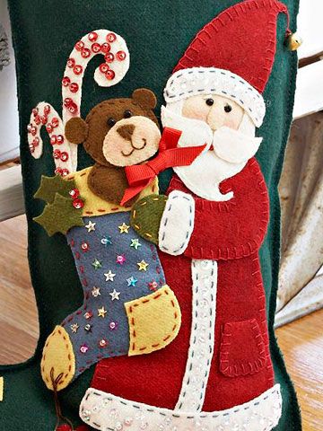 Embellish a Christmas Stocking with a Colorful Santa Applique; my free download only had applique shapes from bhg.com  Use pre-made stocking or make your own plain one to embellish. Applique Christmas Stocking, Christmas Stocking Pattern Free, Christmas Applique Designs, Santa Applique, Applique Christmas, Felt Christmas Stockings, Christmas Stockings Diy, Christmas Stocking Pattern, Christmas Applique