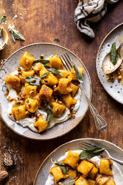 Pumpkin Cauliflower Gnocchi with Nutty Browned Butter and Whipped Ricotta | halfbakedharvest.com #pumpkin #cauliflower #gnocchi #fall #easy Pumpkin Cauliflower, Ricotta Cheese Recipes, Cauliflower Gnocchi, Pumpkin Gnocchi, Whipped Ricotta, Brown Butter Sauce, Pane Dolce, Cheese Pumpkin, Browned Butter