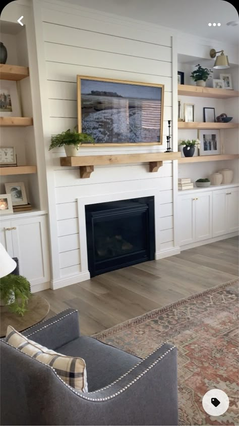 Cabinets Beside Fireplace Built Ins, Gas Fireplace With Shelves On Side, Fireplace With Small Built Ins, Primary Bedroom Built Ins With Fireplace, Shiplap Fireplace With Shelves On Side, Gas Fireplace With Built Ins On Both Sides, Built Ins With Lights, Gas Fireplace With Built Ins, Diy Fireplace With Built Ins