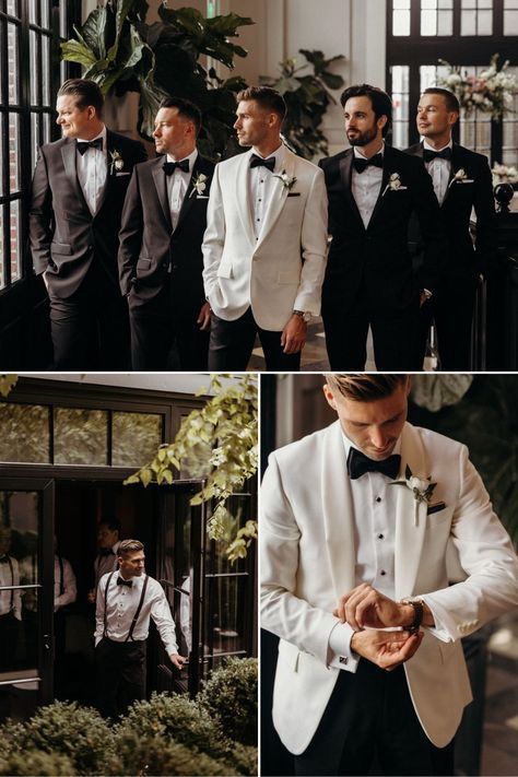 Groom Style Black, Tuxedo Groomsmen, Moody Editing, Black Tuxedos, Groomsmen Wedding Photos, Black Bowtie, Wedding Groomsmen Attire, Groom And Groomsmen Suits, Black And White Wedding Theme