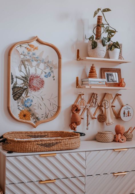 Nursery Boho Ideas, Boho Changing Station, Light Pink Boho Nursery, Boho Floral Nursery Decor, Terracotta Boho Nursery, Boho Body Mirror, Orange Boho Nursery, Boho Nursery Gallery Wall, Retro Boho Nursery