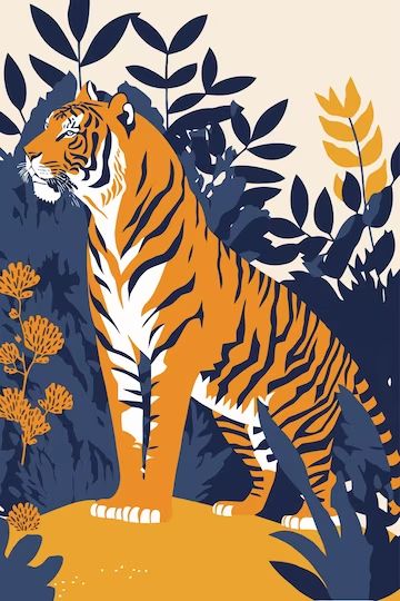 Premium Vector | Tiger in flat vector style for poster wall art decor boho illustration Boho Illustration, Tiger Wall Art, Jungle Illustration, Tiger Illustration, King Of The Jungle, Posca Art, Flat Vector, Inspiration Wall, Color Of Life