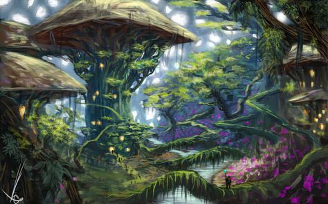 Mushroom city concept by ~lewa94 on deviantART    Cool picture. Reminds me of a lush version of the Telvanni spore dwellings from The Elder Scrolls. Mushroom City, Giant Mushroom, Psy Art, Fantasy Forest, Forest Pictures, Fantasy City, Game Concept Art, Fantasy Setting, Fantasy Places