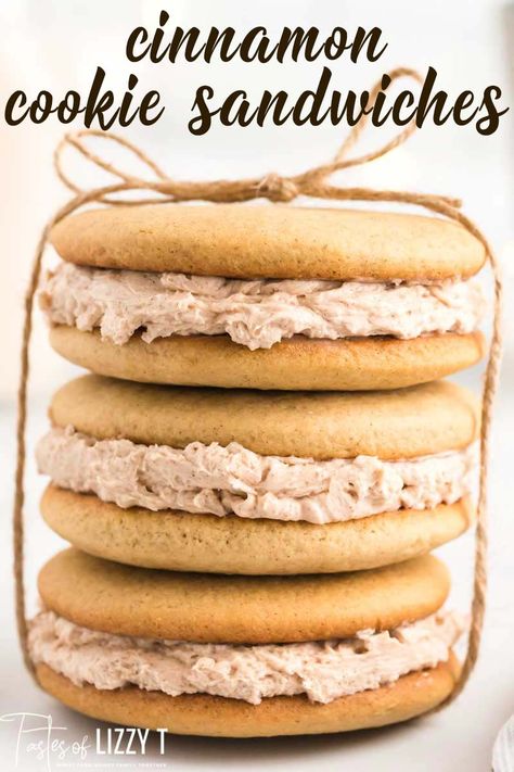 Cinnamon Buttercream Cookie Sandwiches… You’ll fall in love with these soft, cinnamon cookies with a melt-in-your-mouth cinnamon buttercream stuffed inside. Make these bite size or make them bigger, but just be sure to make them! Frosting For Cookie Sandwiches, Fall Cookie Sandwiches, Fall Sandwich Cookies, Cookie Filling Recipe, Pumpkin Spice Cookie Sandwiches, Sandwich Cookie Filling Recipe, Fall Sandwich, Cookie Filling, Fall Sandwiches