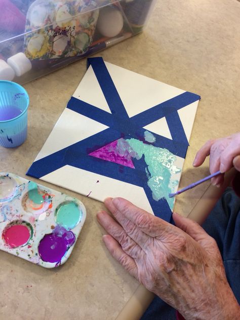 Tried this from a Pin I saw and it went well! Taped off pieces of boards and my residents painted Elderly Crafts, Nursing Home Crafts, Assisted Living Activities, Memory Care Activities, Senior Living Activities, Alzheimers Activities, Nursing Home Activities, Recreation Therapy, Elderly Activities