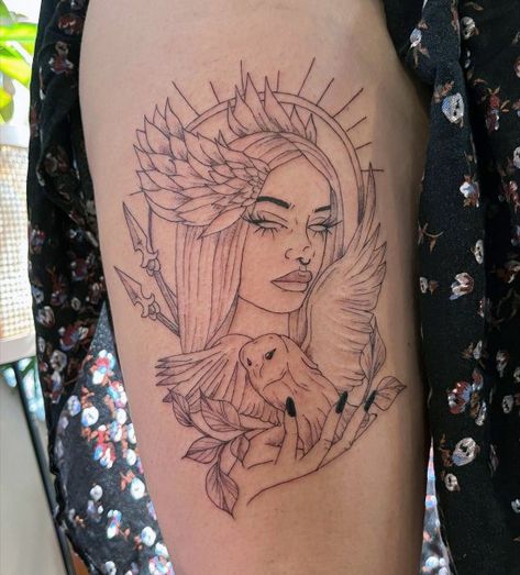 Bia Goddess Tattoo, Greek Goddess Art Drawing, Athena Goddess Tattoo, Goddess Of Love Tattoo, Athena Tattoos, Greek Goddess Tattoo, Athena Tattoo, Greek God Tattoo, Goddess Design