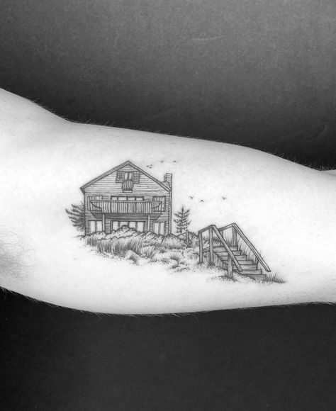 Tattoo Of Buildings, Childhood Home Tattoo, Beach House Tattoo, Lydia Tattoo, Building Tattoo, Noir Tattoo, Bridge Tattoo, Tattoo Placement Arm, Boston Tattoo