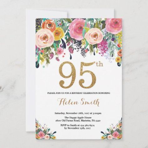 Floral 95th Birthday Invitation Gold Glitter for $2.75 - Birthday Invitations Surprise 30th Birthday, 13th Birthday Invitations, 90th Birthday Invitations, Birthday Invitation Pink, 89th Birthday, Surprise Birthday Invitations, Glitter Birthday Parties, 70th Birthday Invitations, 95 Birthday