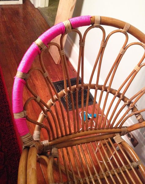 A Soliloquy by Bethany: It's a Wrap! Rattan Chair Makeover Refurbish Rattan Furniture, Rattan Upcycle, Painted Rattan Chairs, Bamboo Wicker Furniture, Restore Rattan Furniture, Tenant Design, How To Fix Rattan Chair, Rattan Chair Makeover, How To Repair Rattan Furniture