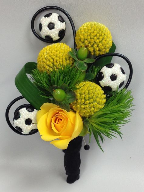 So fun for a soccer fan! Body Flowers, Corsage Ideas, General Gift Ideas, Dancing Flowers, Floral Design Classes, Soccer Fan, Corsage Prom, Prom Ideas, Senior Night