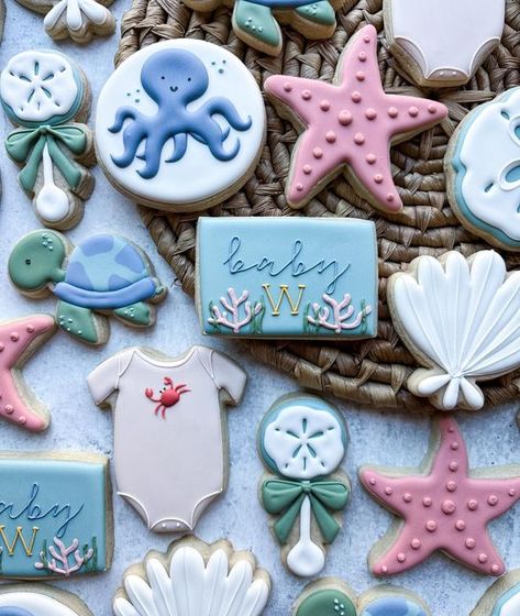 Under The Sea Baby Shower Cookies, Under The Sea Sugar Cookies, Under The Sea Baby Shower Ideas For Girl, Under The Sea Baby Shower Ideas, Under The Sea Cookies, Sea Baby Shower Theme, Ocean Baby Shower Theme, Baby Shower Cupcakes For Boy, Baby Shower Dessert Table