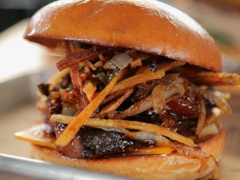 Woodrow's Coffee BBQ Brisket Sandwich Recipe | Food Network Philadelphia Sandwich, Bbq Brisket Sandwich, Brisket Sandwich Recipe, Juicy Brisket, Bbq Brisket, Brisket Sandwich, Grilling Sides, Idaho Potatoes, Sandwich Shop