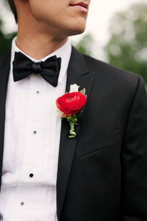 Red White Black Wedding Grooms Boutonniere Red Ranunculus Rose Tuxedo Bow Tie Fall Summer Wedding Spring Groom, Floral Menswear, Groom Trends, Fall Michigan, Fall Groom, Red Ranunculus, Grooms Boutonniere, Pink Boutonniere, Lilac Wedding Bouquet