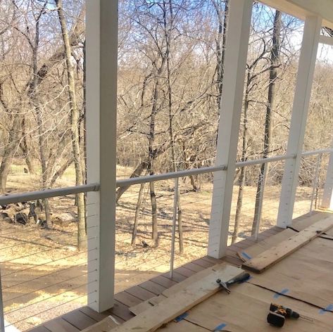 Rebuilding a Screen Porch: Key features - Wandering Garden Farm Cable Railing Screened In Porch, Screened Porch Railing Ideas, Screened In Porch With Railing, Screened In Porch Railing Ideas, Screened In Porch Railing, Porch Balusters, Exterior Updates, Screened In Porch Diy, Ground Level Deck