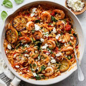 Harissa Shrimp, Orzo Feta, Feta Orzo, Dishing Out Health, Shrimp Orzo, Orzo Dishes, Orzo Recipes, Salad Recipes For Dinner, Shrimp Dishes