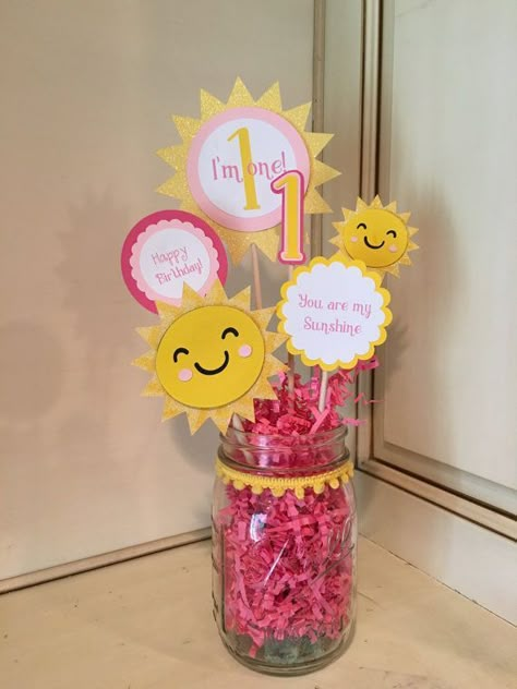 First Birthday Party Ideas Girl, Baby First Birthday Party Ideas, Sunshine Birthday Party Ideas, Sunshine Birthday Theme, First Birthday Centerpieces, Centerpiece Tutorial, Sunshine Birthday Party, Sunshine Theme, First Birthday Party Ideas