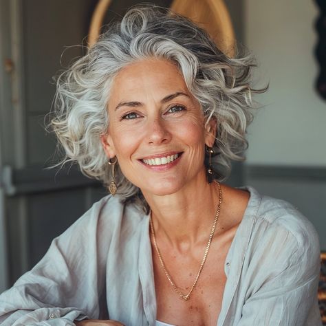 Short Curly Gray Hair, Middle Age Woman, Mid Length Curly Hairstyles, Grey Hair Don't Care, Shoulder Length Curly Hair, Middle Aged Woman, Medium Length Curly Hair, Grey Curly Hair, Look Boho Chic